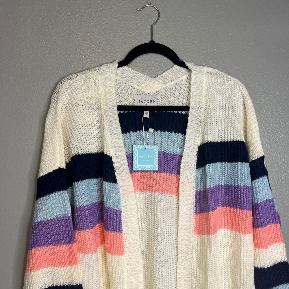 Hayden Cardigan Sz S/M Cream Rainbow Striped Open Front Pocket Long NWT - Picture 2 of 10